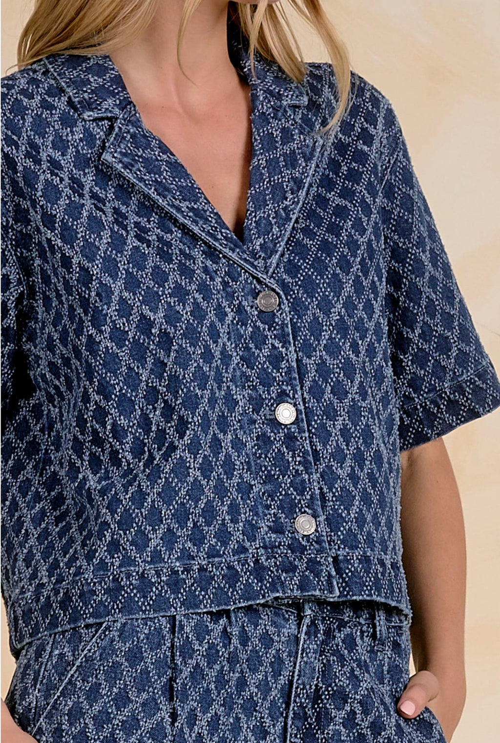 Denim Textured Short Sleeve Top/Jacket