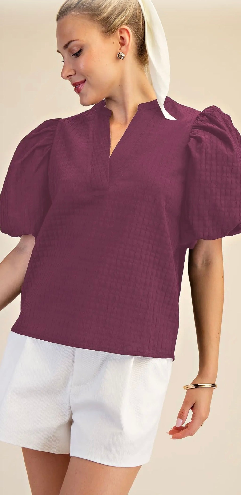 Plum Puff Sleeve Ruffle V-Neck Textured Top